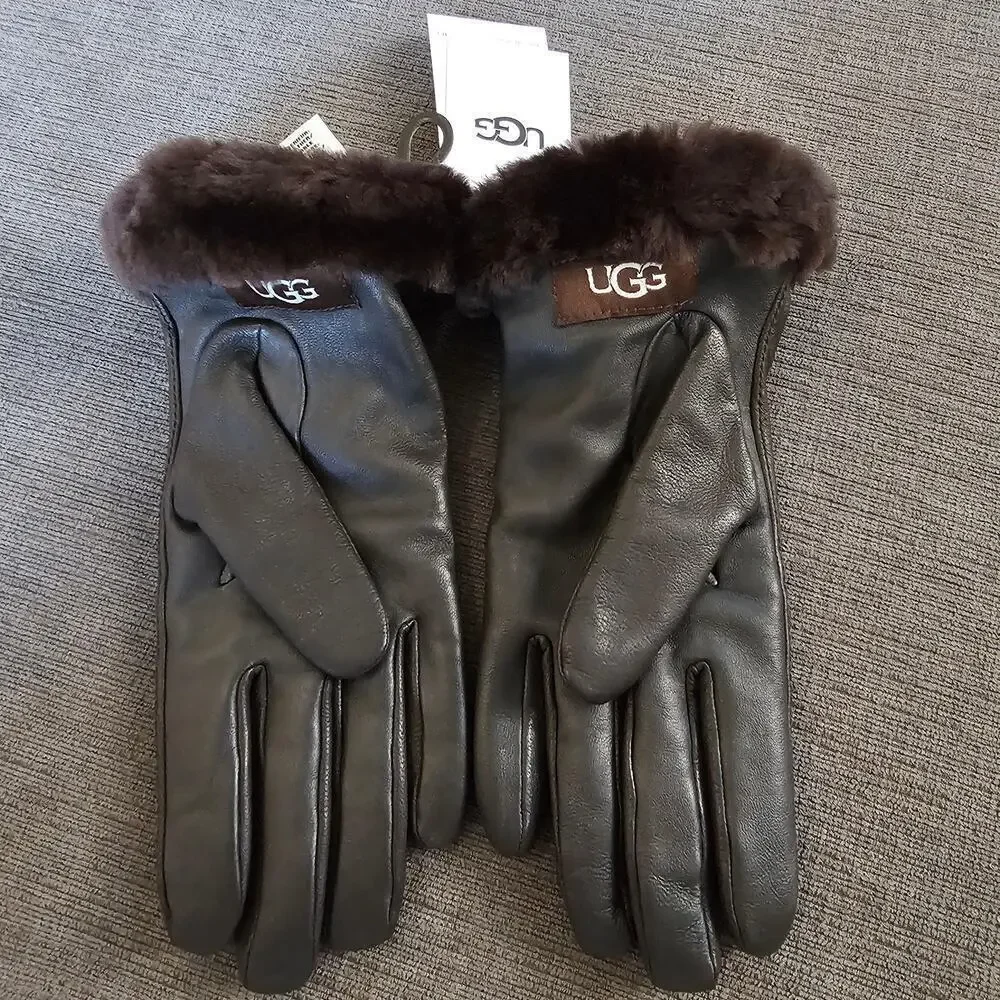 UGG Women's Brown Leather Shorty Tech Tip Real Fur Cuff Gloves Size L/G